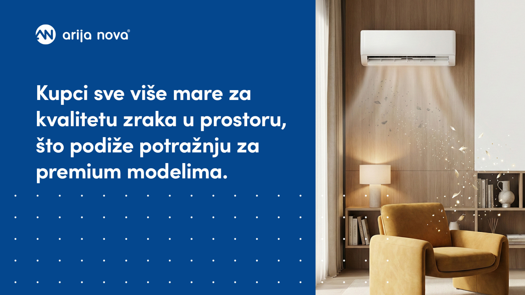 Prikaz moderne unutarnje jedinice klime i poruka o kvaliteti zraka, filtraciji i rastu potražnje za premium modelima.